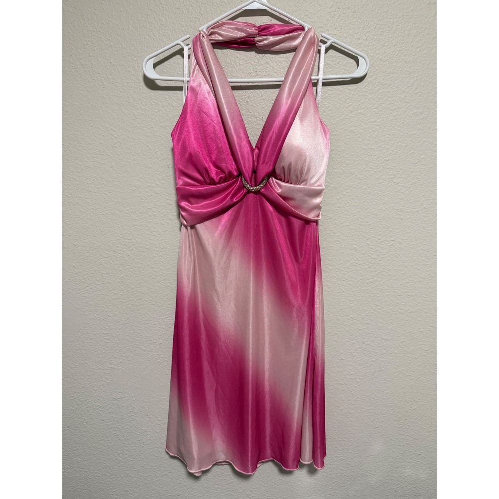 Alyn Paige Pink Ombre Satin Halter Mini Dress Rhinestone Buckle Y2K Medium